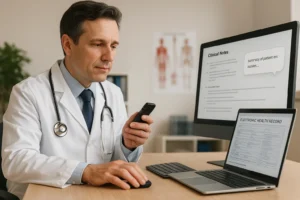 A doctor uses generative AI to record and summarize patient notes on a computer and laptop, representing automated clinical documentation and improved healthcare efficiency.