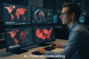 A data analyst studies multiple monitors showing global infection maps and analytics, symbolizing AI systems forecasting disease outbreaks in real time.