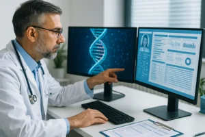 A doctor reviews a patient’s genetic and medical data on dual monitors, symbolizing AI-assisted personalized treatment in modern precision medicine.