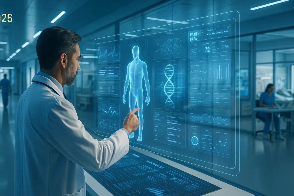 A doctor interacts with a holographic interface displaying patient data, DNA visuals, and biometric charts in a futuristic hospital, blending technology with human-centered care.