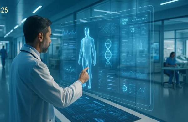 A doctor interacts with a holographic interface displaying patient data, DNA visuals, and biometric charts in a futuristic hospital, blending technology with human-centered care.