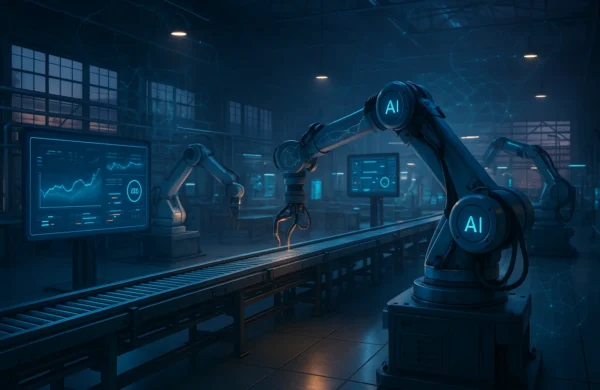 Futuristic AI-powered manufacturing factory at dusk with robotic arms, conveyor lines, and digital dashboards displaying predictive analytics and data streams, symbolizing intelligent automation and Industry 4.0 innovation.
