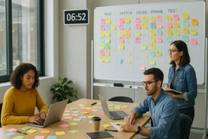 A team collaborating in a modern workspace during a product design sprint, using sticky notes, laptops, and a whiteboard to map, sketch, decide, prototype, and test ideas.