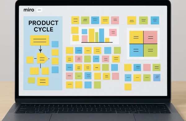 Laptop screen displaying a Miro board filled with colorful sticky notes, diagrams, and charts for a digital product design sprint workshop.