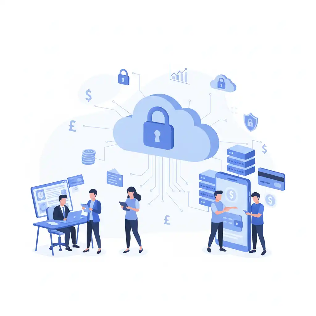 Illustration of cloud computing for banking and fintech showing professionals and users accessing secure financial data and cloud-based banking platforms in blue tones.