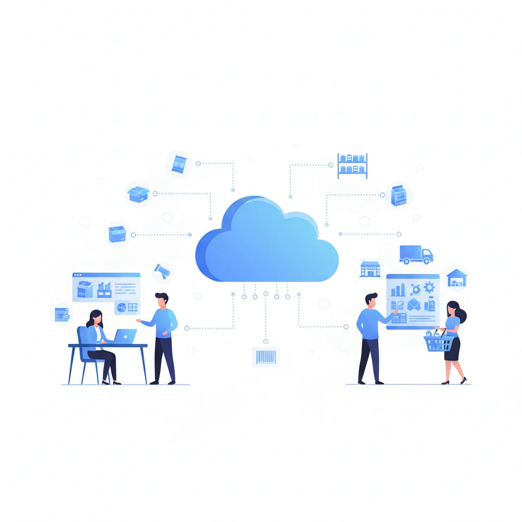 Illustration of cloud computing for FMCG showing professionals managing inventory, production, distribution, and sales through cloud-based systems in professional blue tones.
