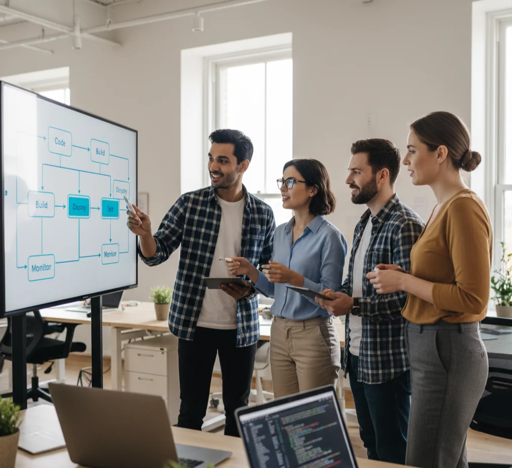 Isometric diagram illustrating DevOps Engineering, where a 'DevOps Pipeline' breaks through the 'wall' separating Development (Dev) and Operations (Ops), showing the continuous flow from code to deployment and feedback.