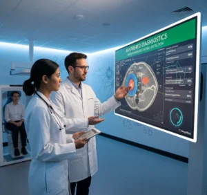 Two doctors in lab coats review an AI-powered medical scan on a large transparent screen, highlighting early disease detection. A patient is visible in an imaging machine in the background, illustrating advanced medical technology.