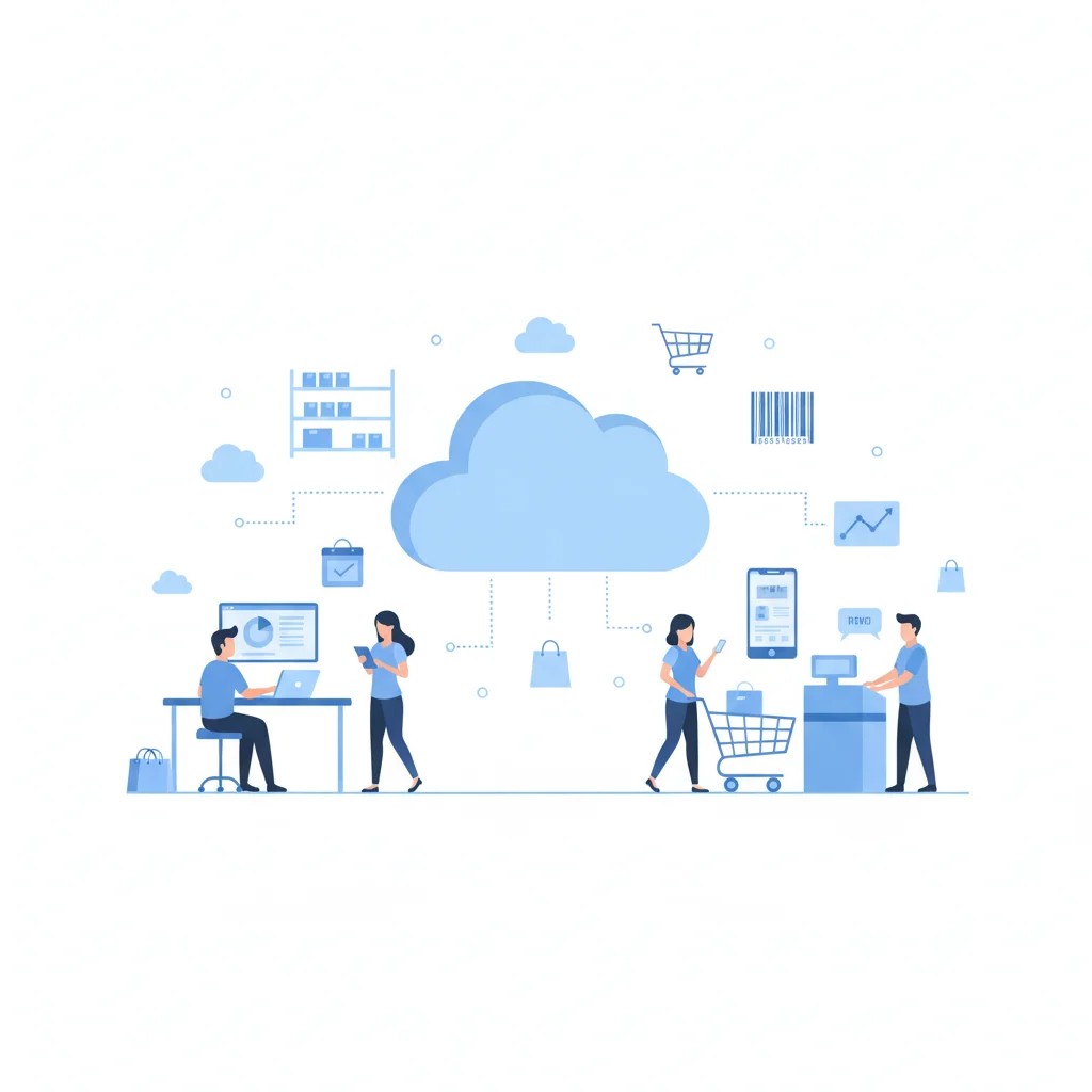 Illustration of cloud computing for retail showing professionals and customers managing inventory, sales, and customer data through cloud-based systems in professional blue tones.