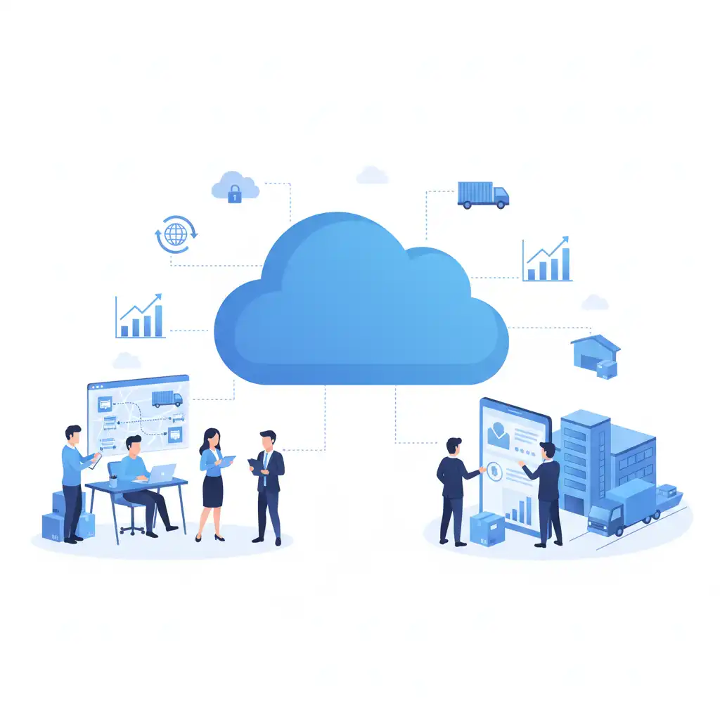 Illustration of cloud computing for logistics and supply chain showing professionals managing shipments, inventory, and data through cloud-based systems in professional blue tones.
