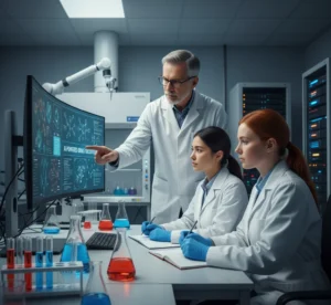 Three scientists in lab coats, with a senior male scientist pointing at a monitor displaying AI-driven molecular research, while two female scientists take notes in a modern laboratory setting.