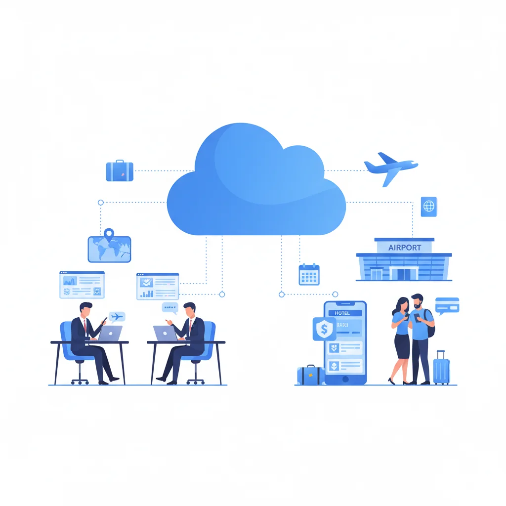 Illustration of cloud computing for travel showing travel professionals and travelers managing bookings, itineraries, and travel data through cloud-based systems in professional blue tones.