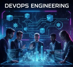 A high-tech illustration of a diverse DevOps Engineering team collaborating around a holographic table that displays a digital city, a CI-CD pipeline, and icons for containers and orchestration.