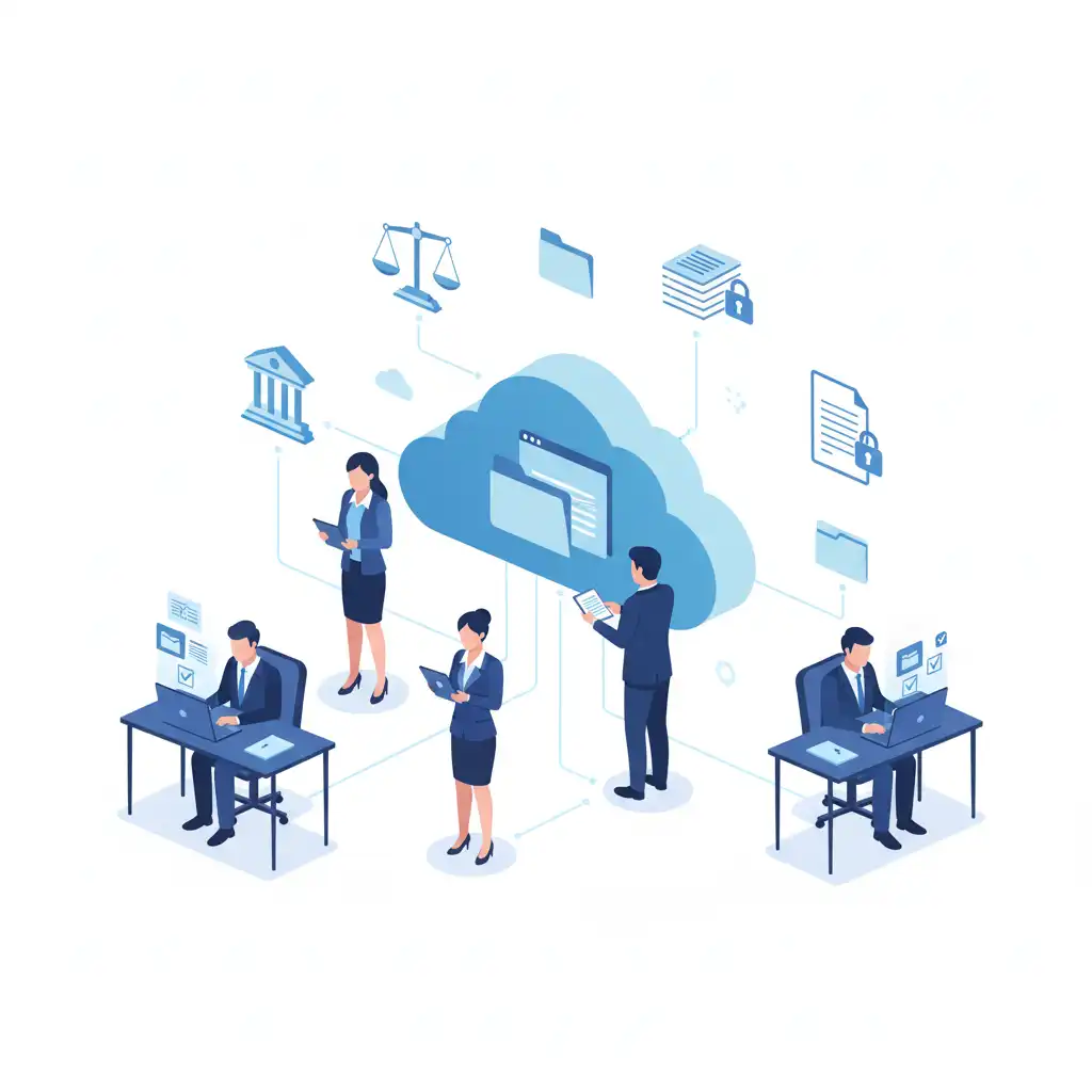 Illustration of cloud computing for law firms showing legal professionals securely accessing digital case files and documents through cloud technology, in professional blue tones.