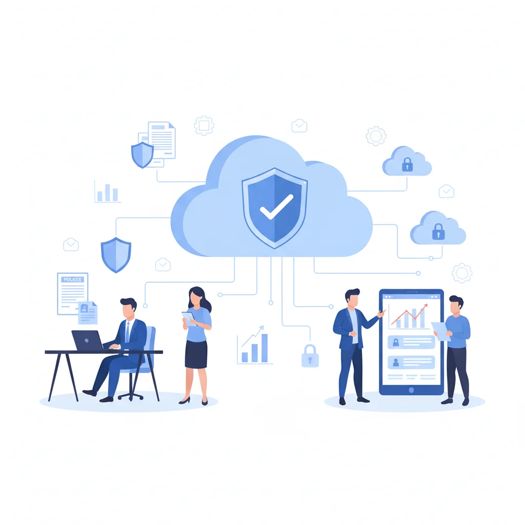 Hero illustration of cloud computing for insurance showing secure access to digital policies and cloud-based insurance services in professional blue tones.