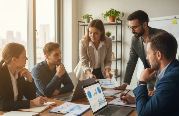 A diverse team of financial professionals in a bright, modern office, collaboratively analyzing data on a laptop and printed reports. This image represents the human-centered teamwork and strategic analysis behind implementing AI in FinTech.
