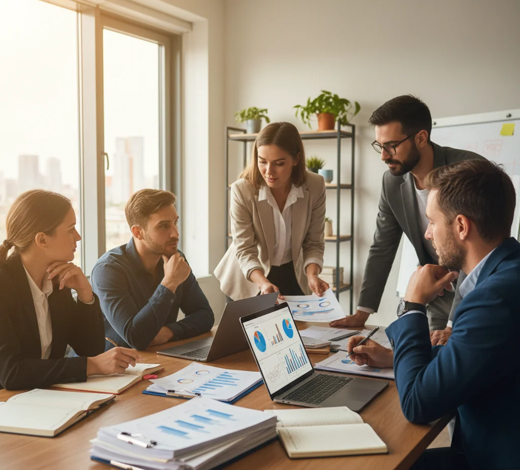 A diverse team of financial professionals in a bright, modern office, collaboratively analyzing data on a laptop and printed reports. This image represents the human-centered teamwork and strategic analysis behind implementing AI in FinTech.