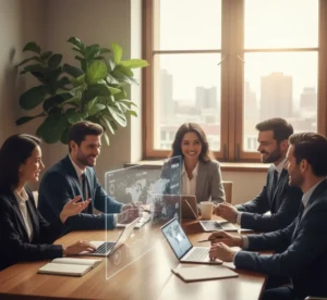 Business team collaborating in a modern office with digital AI-powered fintech data on transparent screens.
