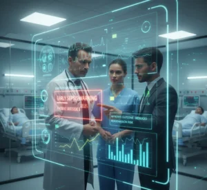 A doctor, nurse, and administrator review a holographic display in a hospital, showing an 