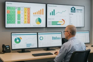 A hospital administrator monitors multiple screens showing patient flow, staff scheduling, and resource analytics in a modern control center powered by AI-driven management systems.