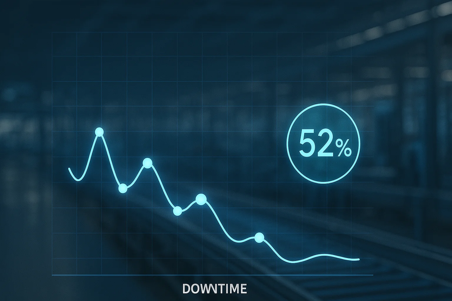 A futuristic AI in manufacturing analytics chart showing a glowing blue line graph with data points and a 52% indicator overlayed on a blurred industrial background, symbolizing predictive analytics reducing downtime in modern smart factories.