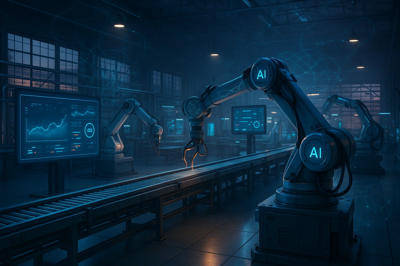 Futuristic AI-powered manufacturing factory at dusk with robotic arms, conveyor lines, and digital dashboards displaying predictive analytics and data streams, symbolizing intelligent automation and Industry 4.0 innovation.