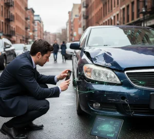 A person in business attire crouches on a city street, taking a photo of a damaged car with their smartphone. Next to them, a tablet displays AI analysis graphics of the vehicle, illustrating an AI use case in the insurance claim process under natural outdoor light.