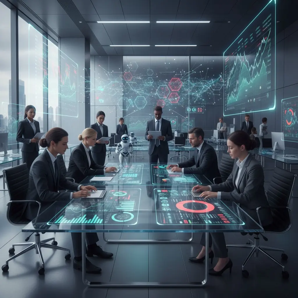 Business professionals in a futuristic financial office using holographic digital dashboards with AI-powered analytics, data visualization, and robots assisting in fintech operations.
