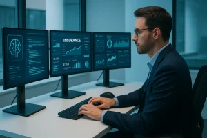 A professional man in a modern office surrounded by glowing blue holographic screens displaying AI analytics, insurance dashboards, and data insights — representing an advanced AI use cases in insurance and innovation by Techelix.