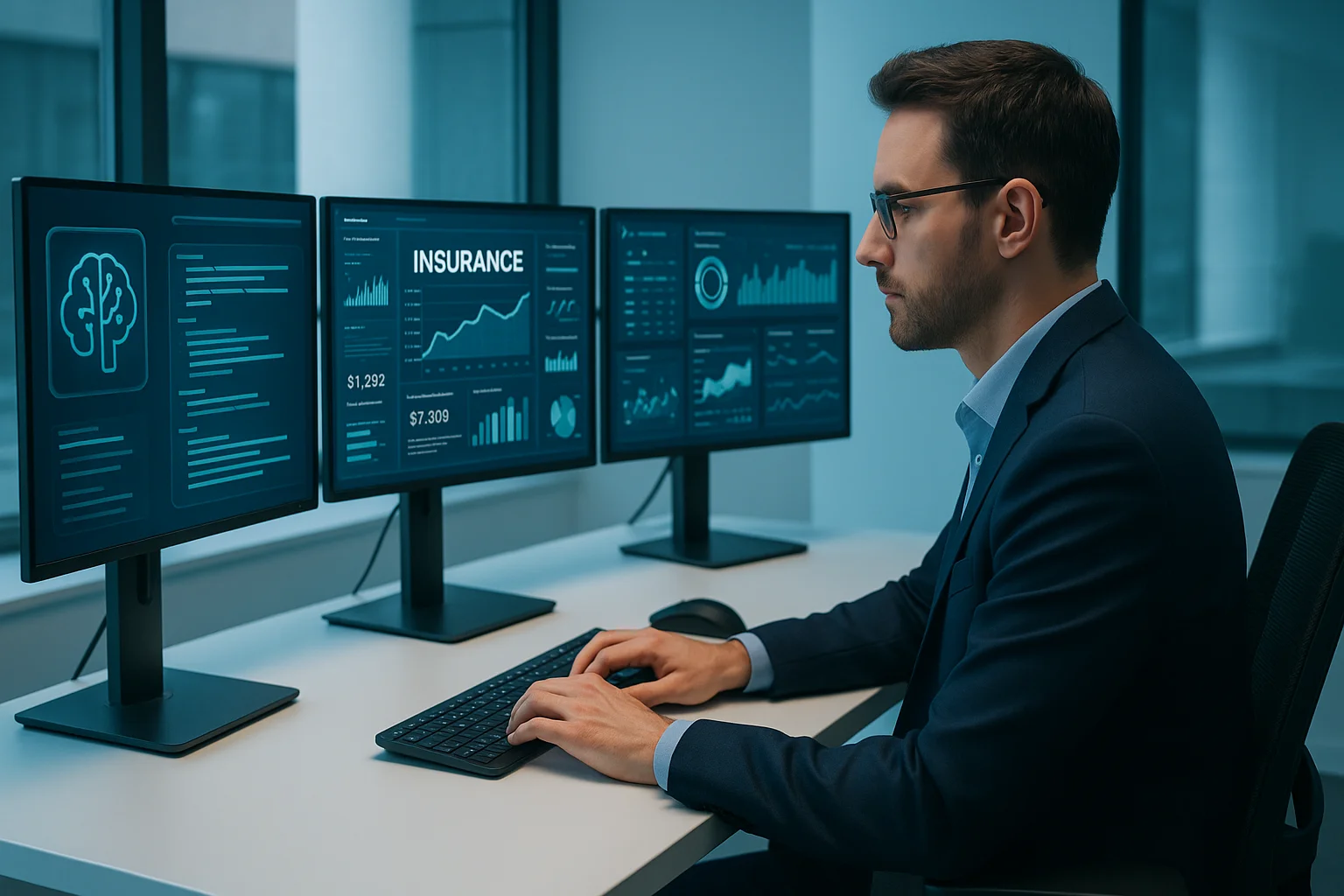 A professional man in a modern office surrounded by glowing blue holographic screens displaying AI analytics, insurance dashboards, and data insights — representing an advanced AI use cases in insurance and innovation by Techelix.
