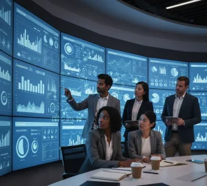 A diverse group of business professionals in a corporate meeting room are intently analyzing various customer data, predictive graphs, and dashboards displayed across multiple large screens, emphasizing a theme of teamwork and strategic decision-making.