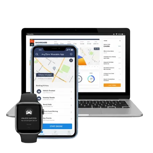 Showcasing our latest product with a laptop, smartphone, and smartwatch displaying the app interface.