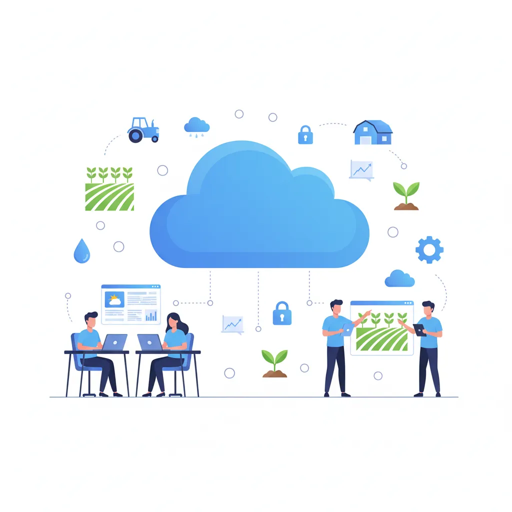 Illustration of cloud computing for agriculture showing farmers and professionals managing crops, irrigation, and farm operations through cloud-based systems in professional blue tones.