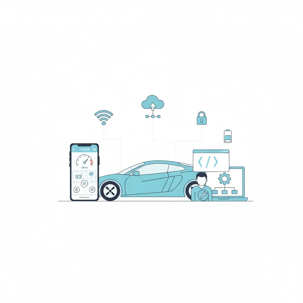 Illustration of automotive mobile app development showing connected car technology and smartphone interface in #5AC2F3 theme