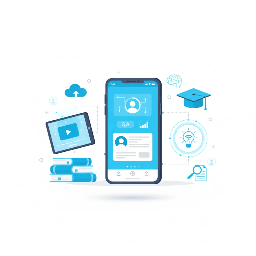 Illustration showing modern education mobile app development with books, smartphones, and digital learning icons.