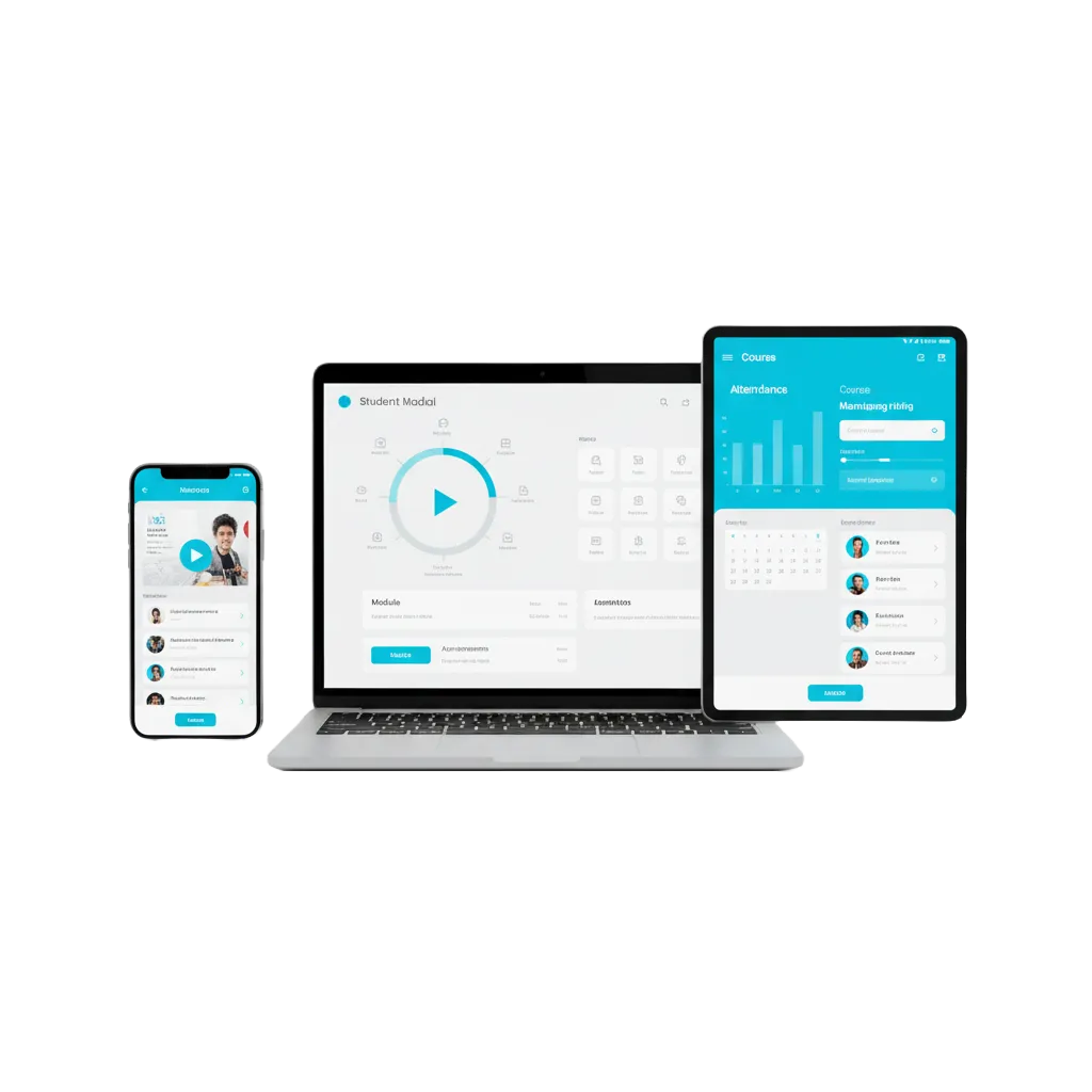 Realistic image showing laptop, tablet, and smartphone displaying education app dashboards and learning modules.