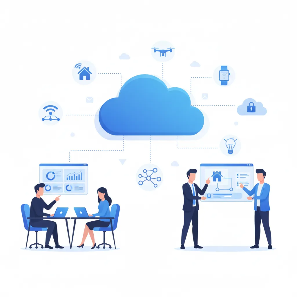 Illustration of cloud computing for IoT showing professionals and smart devices connected through cloud-based systems to manage data and automation in professional blue tones.