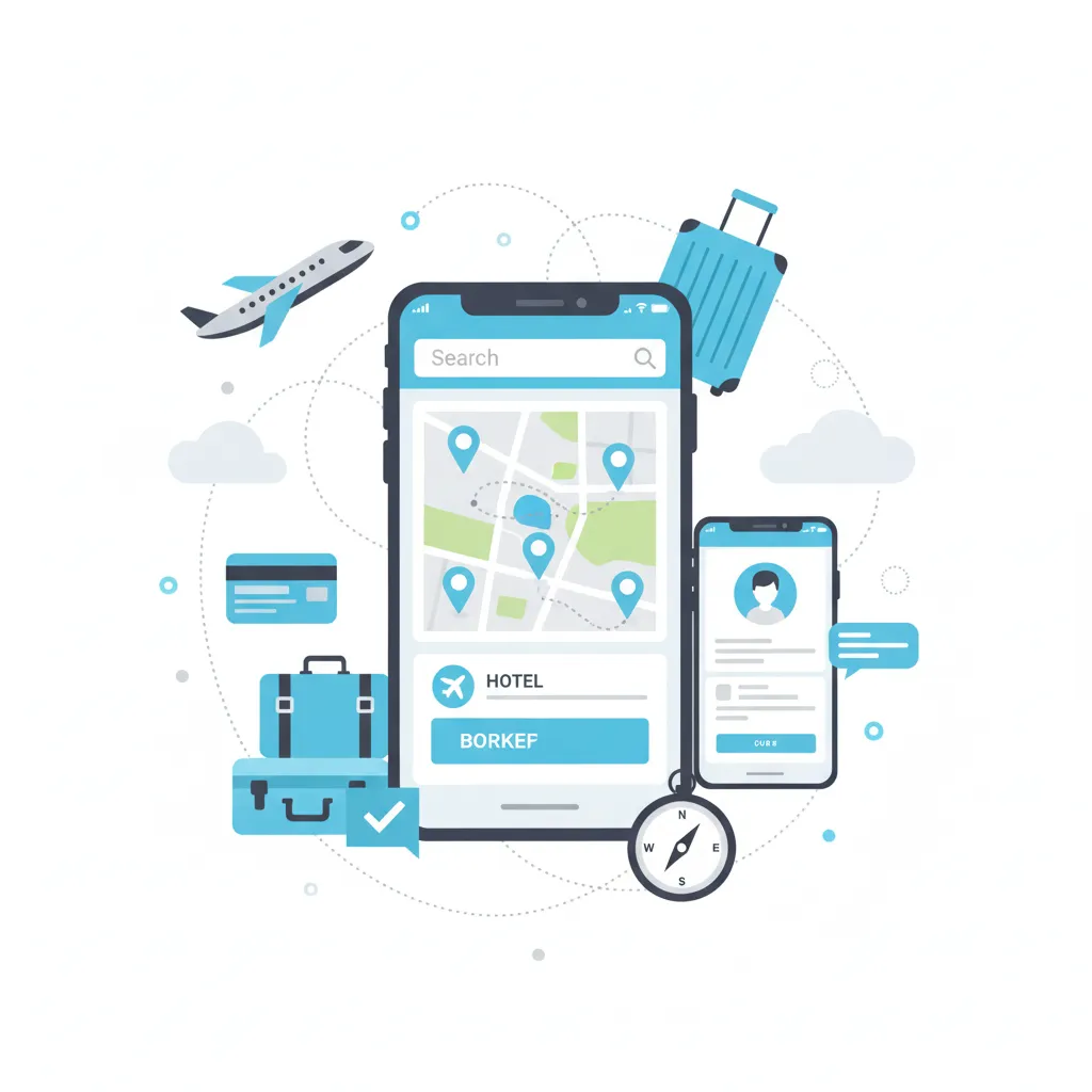 Illustration showing travel mobile app development with airplanes, maps, and smartphones symbolizing digital travel technology.