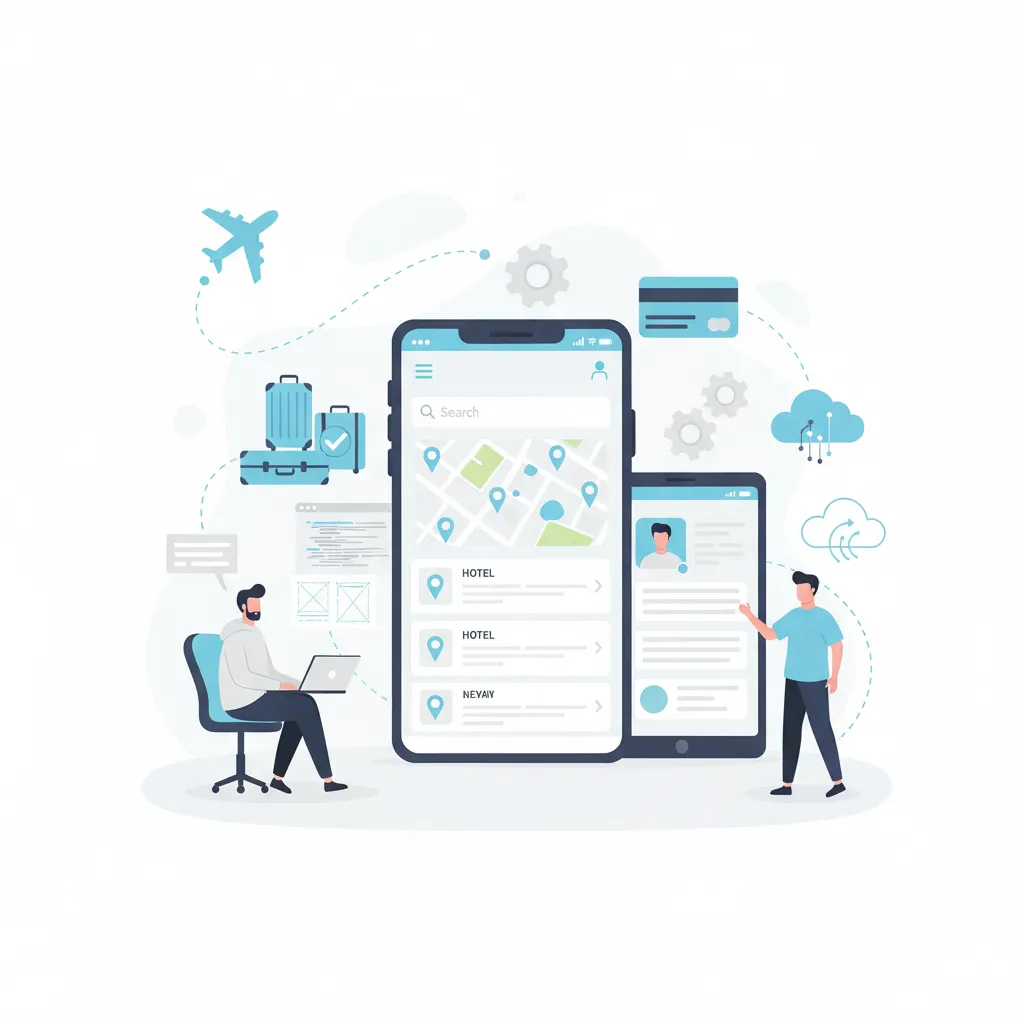 Modern flat-style illustration of developers creating travel mobile apps with airplanes, maps, location pins, suitcases, and smartphones showing app interfaces