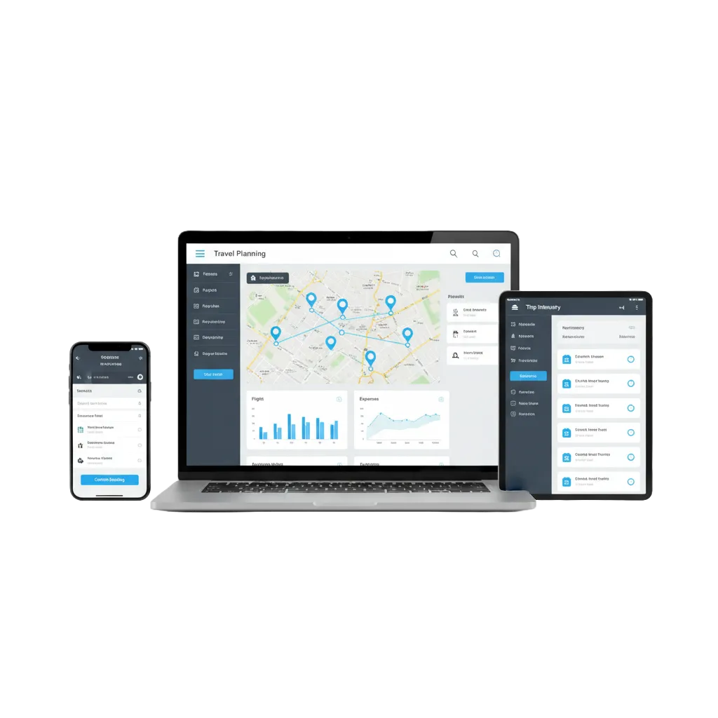 Realistic image of laptop, tablet, and smartphone displaying travel app dashboards, trip itineraries, maps, and booking interfaces