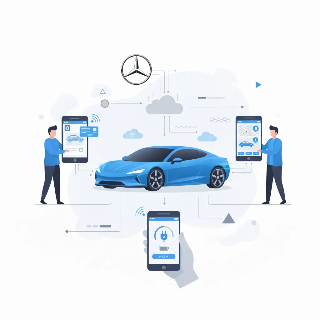 Illustration of mobile app development for the automotive industry showing engineers and customers using vehicle-related mobile apps for navigation, diagnostics, and connected car management in professional blue tones.