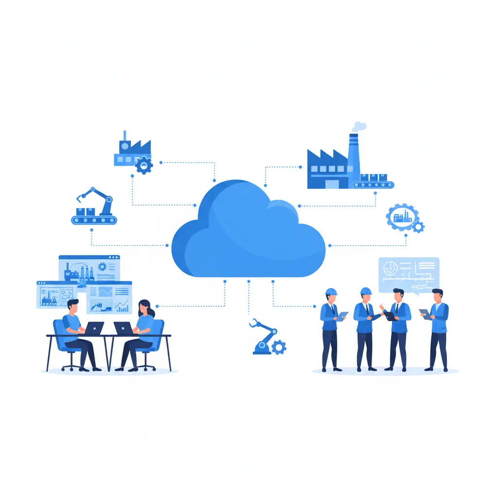 Illustration of cloud computing for manufacturing showing engineers and professionals managing production lines, operations, and supply chains through cloud-based systems in professional blue tones.