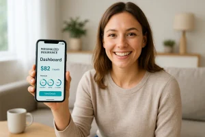 Realistic photo of a smiling woman sitting in a bright living room holding a smartphone facing the camera, clearly showing a personalized insurance dashboard with pricing and coverage details, representing fairness and modern digital insurance experience.