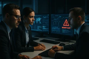 Realistic photo of cybersecurity analysts in a dark operations room reviewing multiple screens showing suspicious data patterns and security alerts, illuminated by monitor glow, representing teamwork and focus in a tech-driven environment.