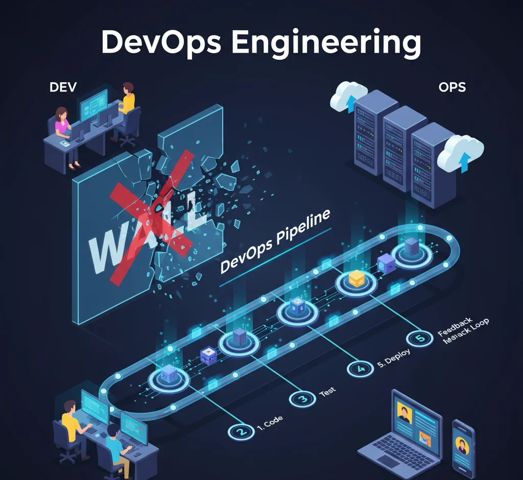 Isometric diagram illustrating DevOps Engineering, where a 'DevOps Pipeline' breaks through the 'wall' separating Development (Dev) and Operations (Ops), showing the continuous flow from code to deployment and feedback.