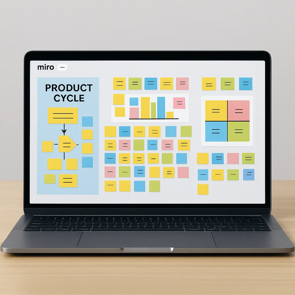 Laptop screen displaying a Miro board filled with colorful sticky notes, diagrams, and charts for a digital product design sprint workshop.