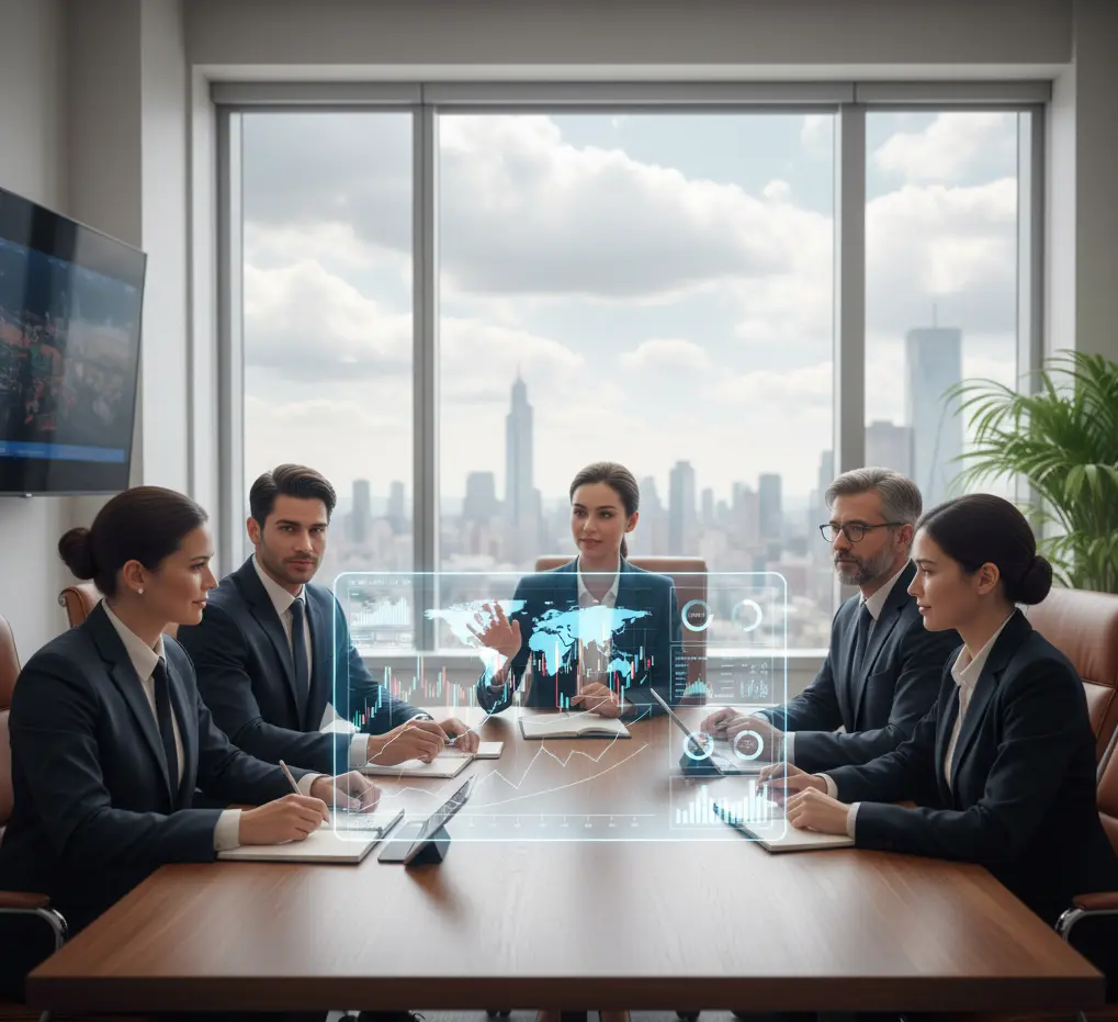 Illustration of AI in finance showing data analytics, automation, and predictive modeling in a modern digital workspace.