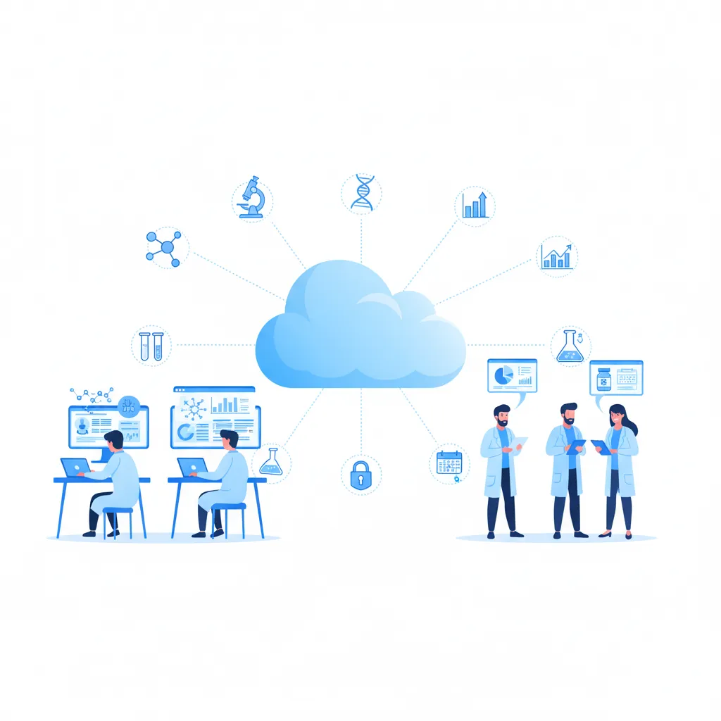 Illustration of cloud computing for pharma and life sciences showing researchers and professionals managing research data, clinical trials, and operations through cloud-based systems in professional blue tones.