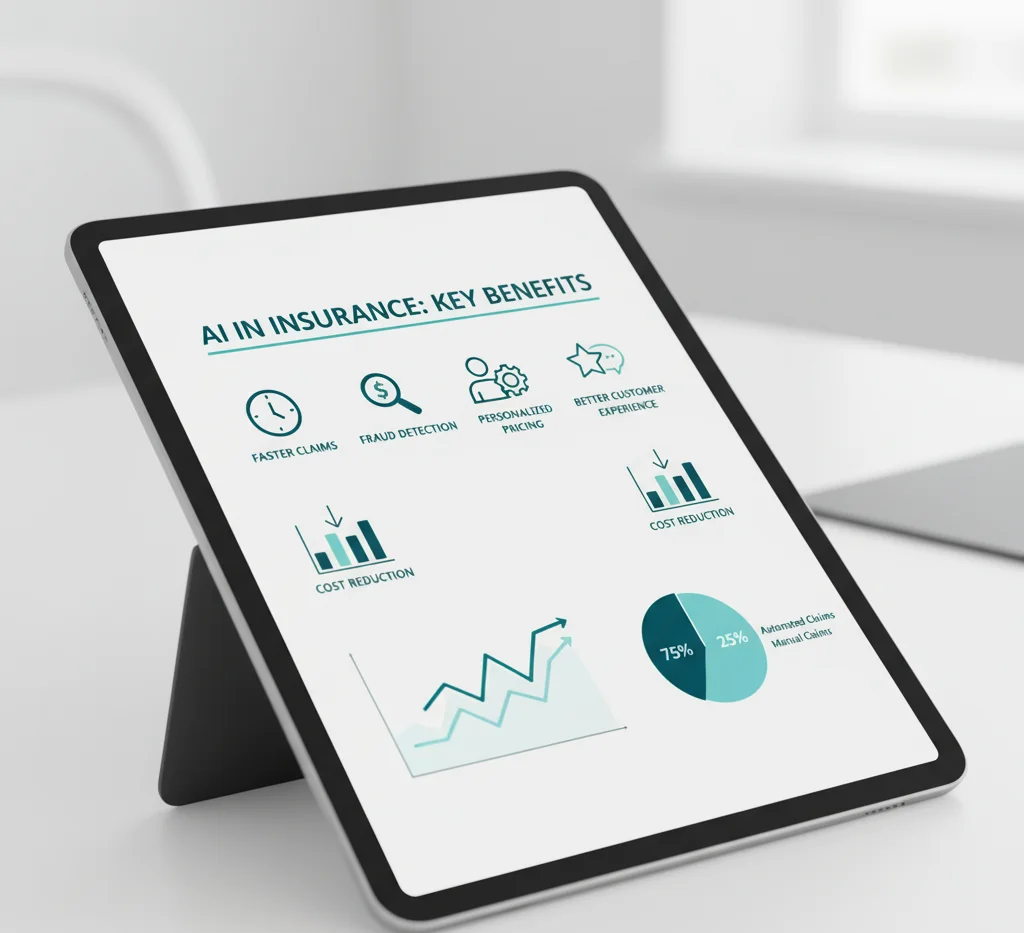 A close-up, photo-realistic image of a digital screen displaying an infographic about the benefits of AI in insurance. The chart has a clean, corporate design with a white background and uses blue and teal icons and text to highlight key areas such as Faster Claims, Fraud Detection, Personalized Pricing, Cost Reduction, and Improved Customer Experience.