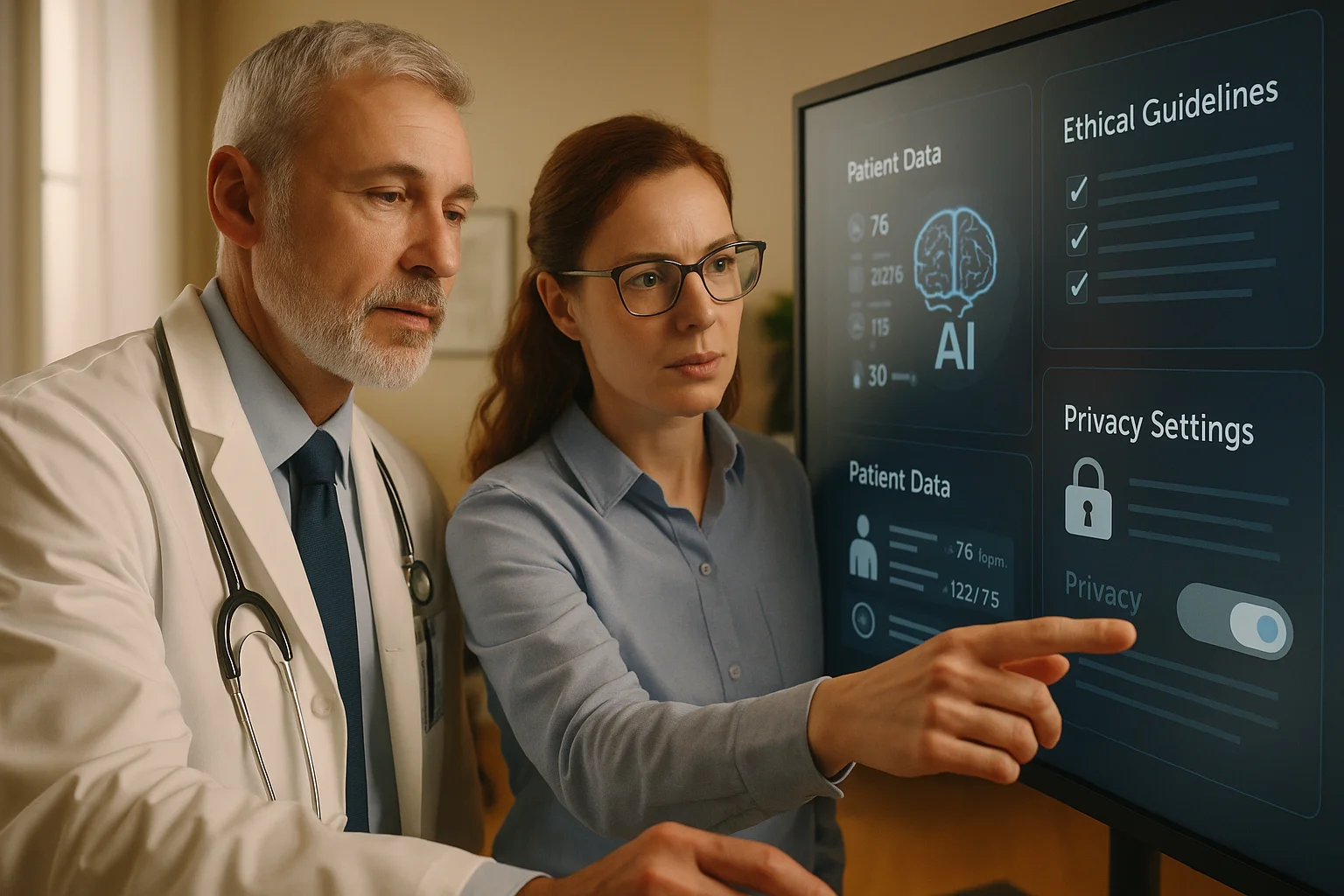 A doctor and data scientist review patient analytics, ethical guidelines, and privacy settings on a digital screen, symbolizing trustworthy and ethical AI use in medicine.